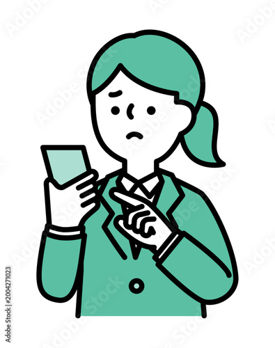 困り顔のスマホを操作する女性のイラスト
