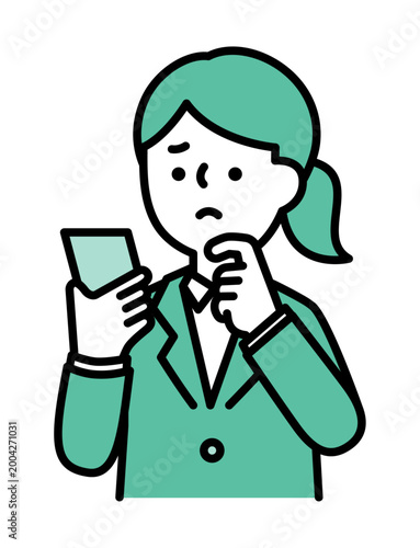 スマホを見ながら悩んでいる女性のイラスト