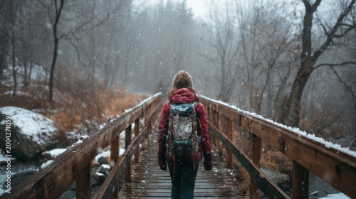Explore adventure outdoor in National Park. A woman in a red jacket and backpack walking across a wooden bridge in a snowy forest. The bridge is surrounded by trees, rocks, and a body of water.