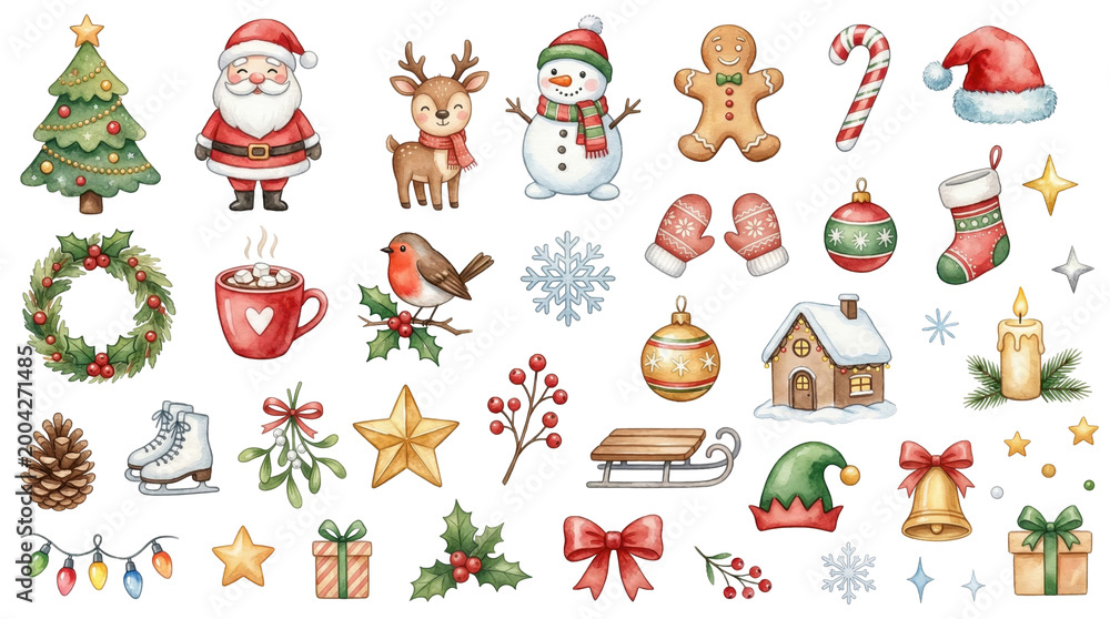 Fototapeta premium Watercolor Christmas clipart set with Santa, snowman, reindeer, tree and festive elements isolated on white or transparent background