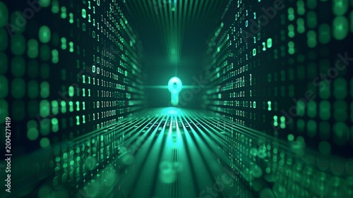 Glowing green digital keyhole surrounded by binary code matrix tunnel representing cybersecurity and internet privacy protection