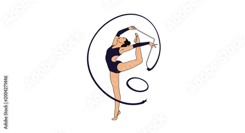 Graceful gymnast performing an elegant rhythmic gymnastics routine with a long dark ribbon in a fluid pose against a clean white background.