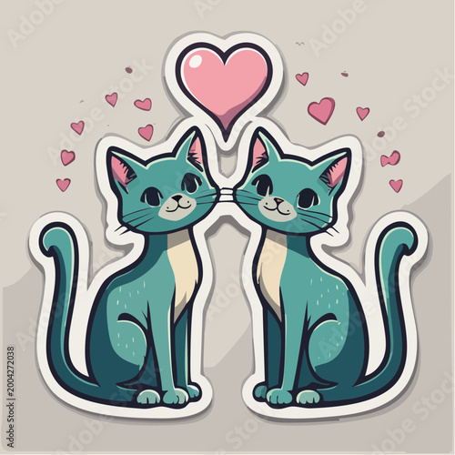 Two Cute Teal Cats in Love with Hearts