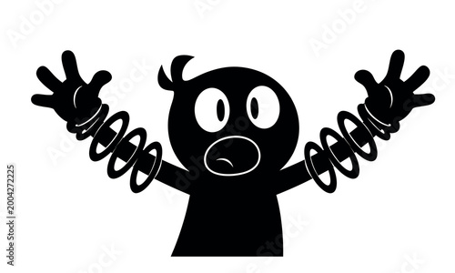 Black silhouette cartoon character with long spring arms and surprised expression Vector, illustration cartoon art