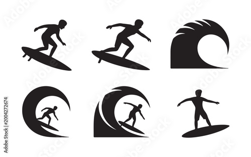 Silhouettes of surfers riding waves in black design