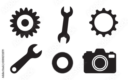 Set of black tools and camera icons on white background