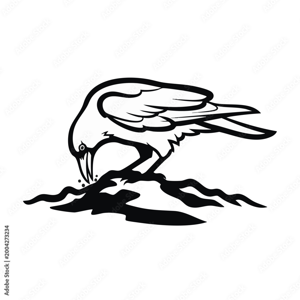 Obraz premium Crow pecking at the ground vector illustration. Raven silhouette in nature. Minimalist bird behavior graphic