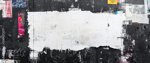 Wall covered with various posters and a blank space showing remnants of past advertisements in a busy urban area during daytime