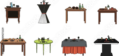 Dining tables with food set restaurant buffet and catering table arrangements vector illustration collection