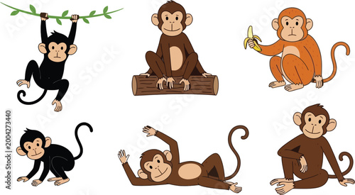 Cute monkeys set funny primates in different poses swinging sitting eating banana cartoon vector illustration collection