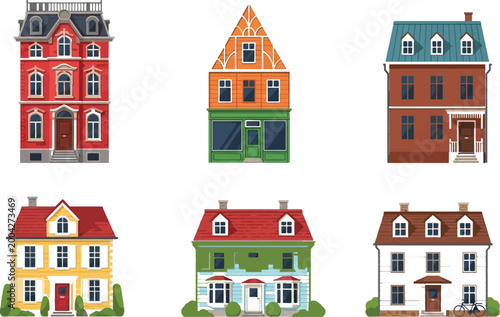 European houses set colorful residential buildings classic town architecture vector illustration collection