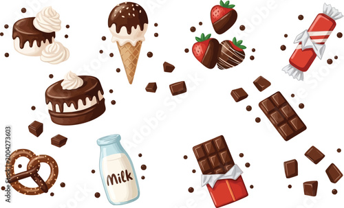 Chocolate desserts set cakes ice cream strawberries bars candies milk and pretzel sweet vector illustration collection