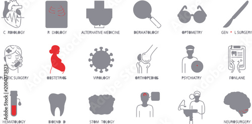 Medical specialties icons set cardiology radiology dermatology dentistry neurology and surgery healthcare vector illustration collection