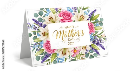 Happy Mother's Day elegant typography with colorful flowers and butterflies.