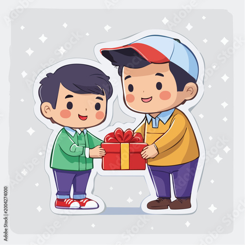 Cute cartoon boys exchanging a gift