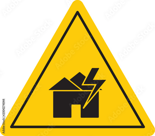 yellow triangular warning sign with house and lightning bolt icon indicating electrical hazard risk