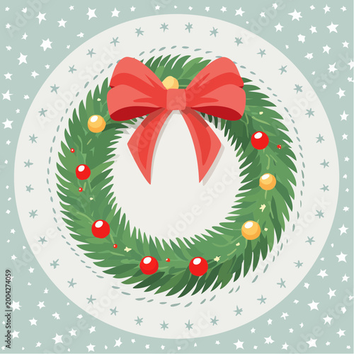 Christmas Wreath with Red Bow and Ornaments