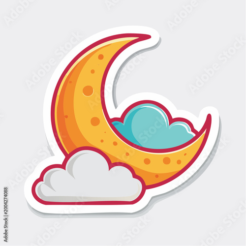 Cartoon Crescent Moon with Clouds Sticker