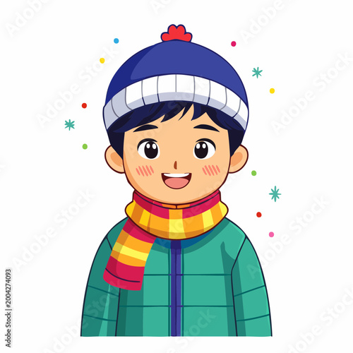 Cartoon Boy Wearing Winter Hat and Scarf