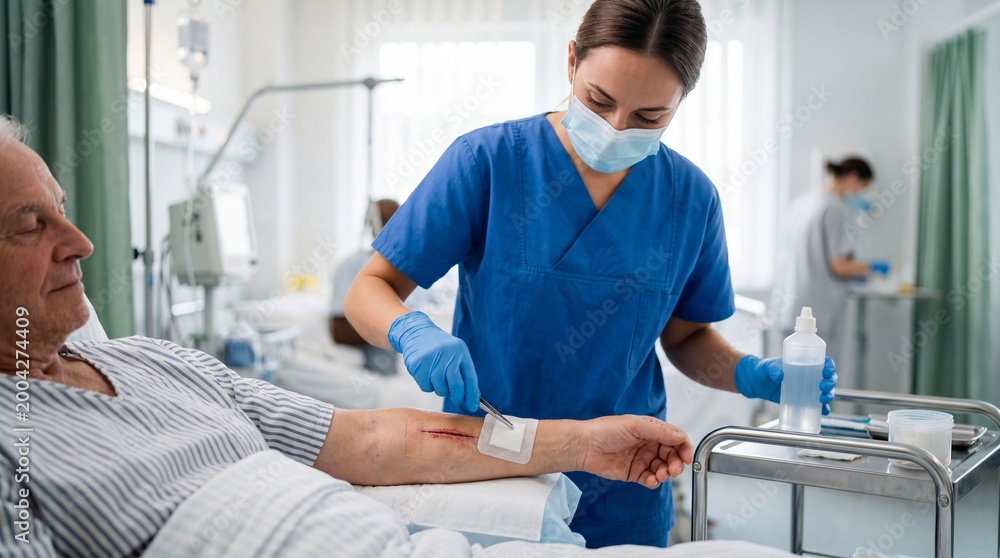 Fototapeta premium Nurse hospital patient wound care elderly medical treatment healthcare bandage professional uniform Nurse providing wound care to elderly patient hospital bed applying bandage with professional
