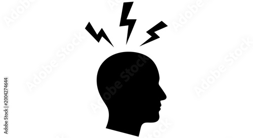 Black vector graphic illustration showing a human head silhouette with sharp lightning bolt shapes above representing intense migraine pain stress or mental pressure and fatigue
