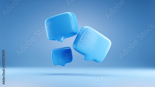 Three glossy blue speech bubbles floating in a bright blue studio space with soft light