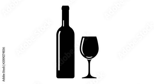 Elegant black vector illustration of a wine bottle and a wine glass ready for serving