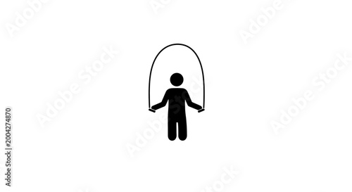 Minimalist black vector illustration graphic design of a stick figure person jumping rope in mid-air