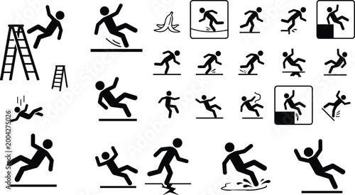 Photos Slip and fall hazard warning icons set with accident scenarios ladder fall wet f