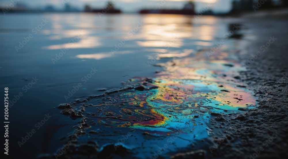 Fototapeta premium Iridescent oil spill on water surface at shoreline