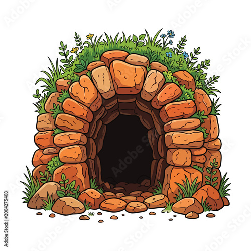 Cartoon Stone Cave Entrance with Green Grass and Foliage
