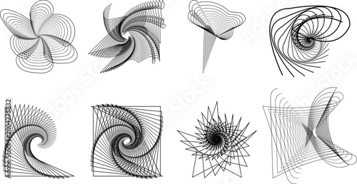 Set of abstract geometric spiral line art designs with minimalist aesthetic for creative design projects and digital art.