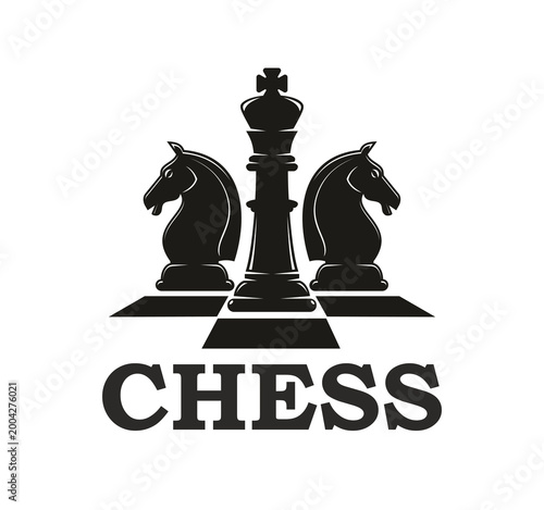 Chess board game club championship monochrome icon or emblem. Chess sport club emblem, board game strategy vector sign. Chessboard competition symbol with king piece and two knights on checkered board
