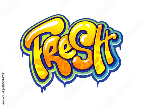 Fresh street graffiti, urban paint tag typography. Ghetto fresh graffiti drawing, urban wall tag vector text. Hip Hop airbrush spray typography or street artwork with yellow letters, dripping paint