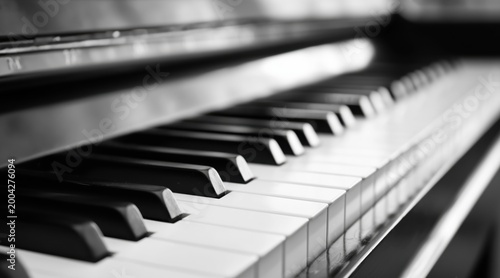 Close up of piano keys in black and white with shallow depth of field