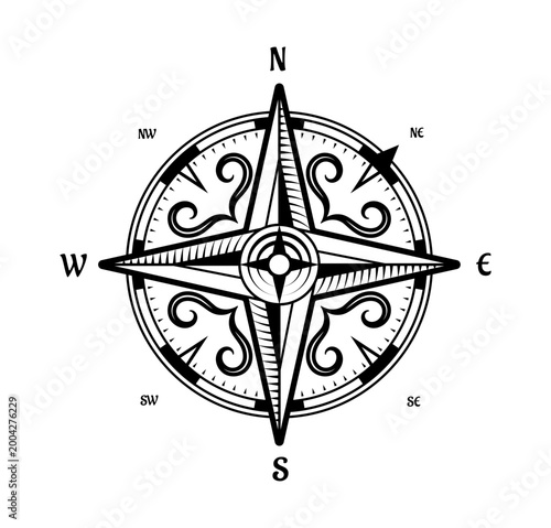 Vintage geography map compass rose sign. Medieval pirate treasure discovery era monochrome direction symbol, antique geographic cartography wind rose. Vintage historical map isolated compass
