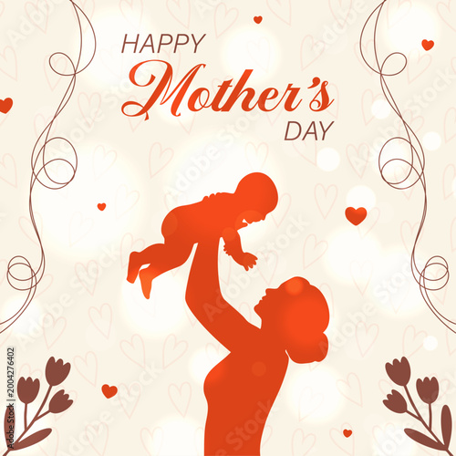 Happy Mother's Day Greeting Card with Mother and Baby Silhouette, Vector, Maternal Love and Care Background for Mother's Day Social Media, Elegant Mother Holding Baby Silhouette Poster Design with Pas
