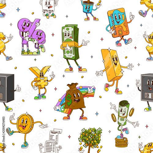Cartoon groovy hippie business and finance characters seamless pattern. Seamless pattern, vector print with dollar bills, credit card, golden bar and coins, safe, currency symbols groovy characters