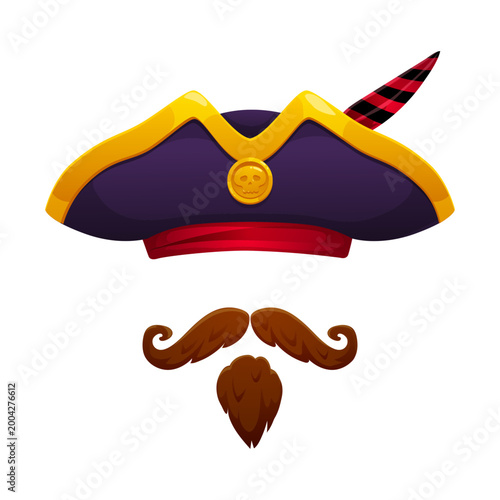 Cartoon pirate captain hat mustache and beard photo booth mask. Corsair sailor prop, buccaneer carnival vector costume element. Filibuster pirate kids photo booth mask with tricorn hat and mustaches