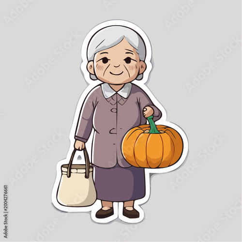 Chibi Grandmother Holding Pumpkin and Shopping Bag