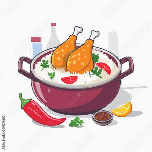 Cartoon illustration of chicken and rice dish with chili and lemon