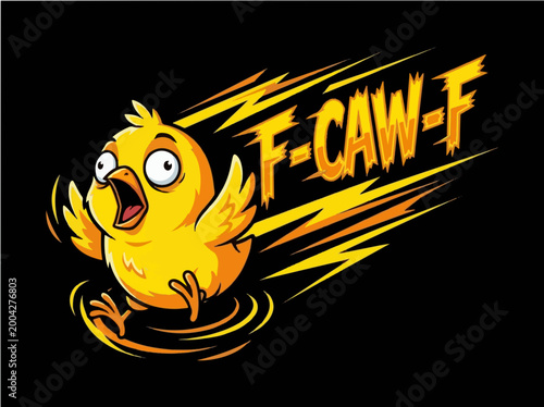 Running Scared Cartoon Chick Mascot with F-CAW-F Text, Funny Panicked Bird Sprinting Vector Graphic