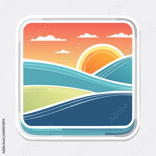 Stylized Sunset Over Rolling Hills and Ocean Waves