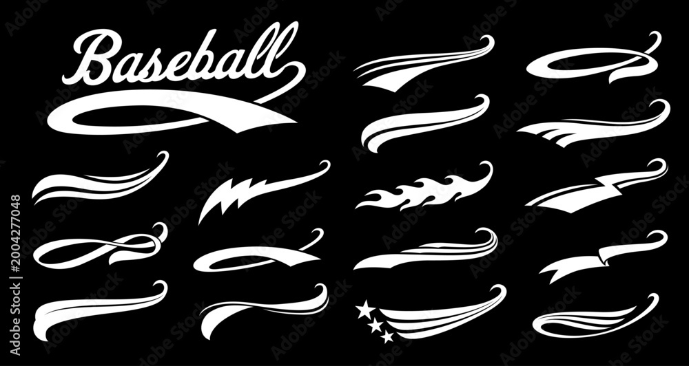 Fototapeta premium Retro baseball or basketball sport ribbon swooshes, american swish and swash font underline tails. Baseball retro vector swoosh ribbon, basketball swish font underline. Sport handdrawn swash tail