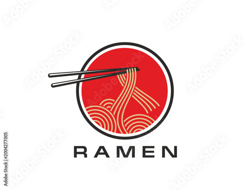Asian ramen noodles bowl and oriental restaurant icon. Japanese food vector emblem, Asian cuisine cafe menu round icon. Ramen meal symbol with chopsticks holding noodles, red background and text