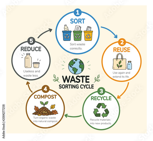 ごみ分別と循環を解説する環境インフォグラフィック（リサイクル・リユース・コンポスト）、Waste Sorting Cycle Infographic with Recycle Reuse Compost Process