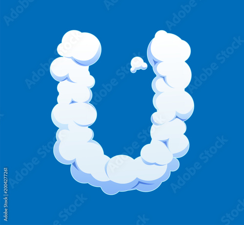 Cartoon white cloudy sky font letter U. White cloud typeset font symbol, white mist English alphabet isolated vector letter. Heaven cloudy sky kids ABC typeface sign or fluffy smoke type element