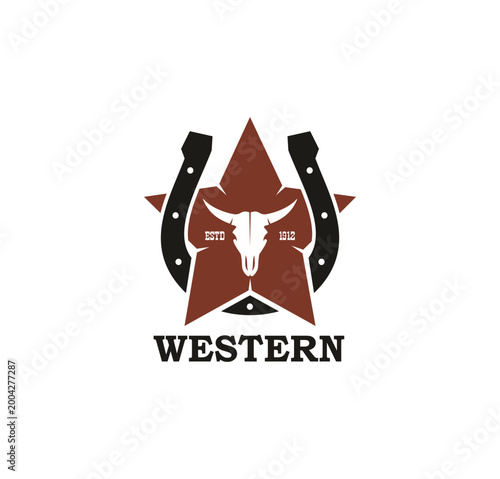 Western and Wild West rodeo icon or badge. American sheriff symbol, US history isolated vector emblem. Texas Western sign or USA Wild West icon with horseshoe, bull skull and five point star