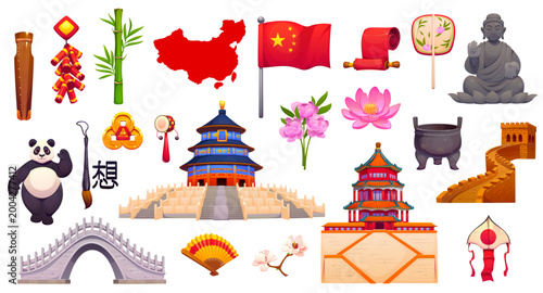 Chinese holiday, travel and culture icons and symbols of China, vector landmarks. Beijing Temple of Heaven, terracotta army warrior and Buddha statue with bamboo, lotus and Chinatown firecrackers
