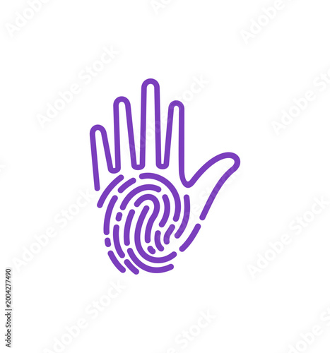 Payment biometric identity tech startup icon or emblem. ID verification system emblem, user biometric identity technology vector sign. Data identification symbol with palm silhouette and fingerprint